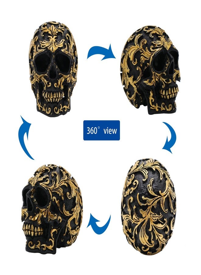 CHDL Halloween Skull Decor, Realistic Skeleton Skull Head Statue, Gothic Resin Skull Figurine with Gold Designs, 3.62 Inch Fake Skull for Decorations, Party, Home, Desk Skull Head Decor - Image 2